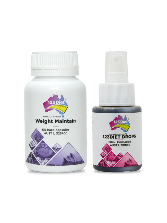 123 DIET® DROPS & MAINTAIN Bundle - 60mL drops and 60 capsules. Supports weight loss, gluten-free, vegan-friendly. Made in Australia. ARTG listed (AUST L 371892 & AUST L 325706).