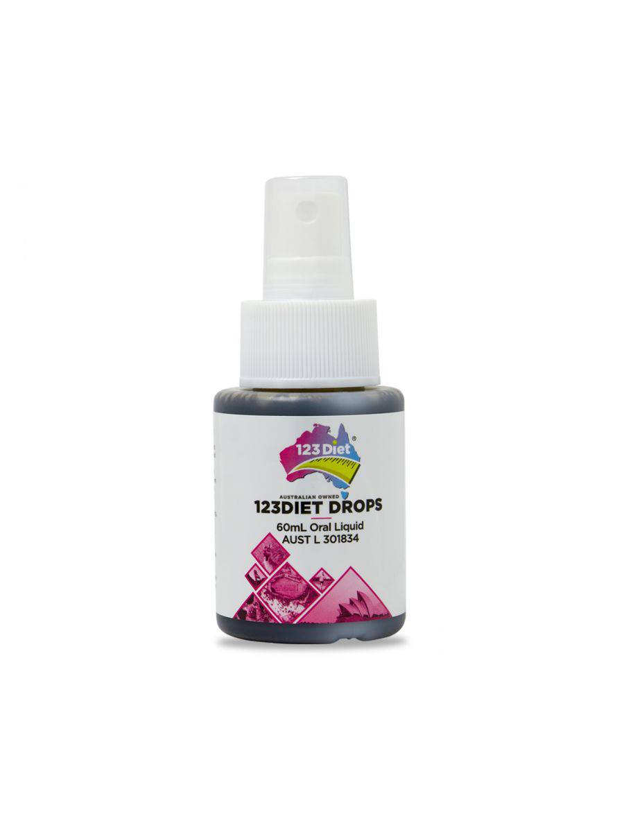 123 DIET® DROPS - 60mL bottle. Supports weight loss with a clean eating plan. Gluten-free, vegan-friendly, and lasts 42 days. Includes 7-day support. Made in Australia. ARTG listed (AUST L 371892).