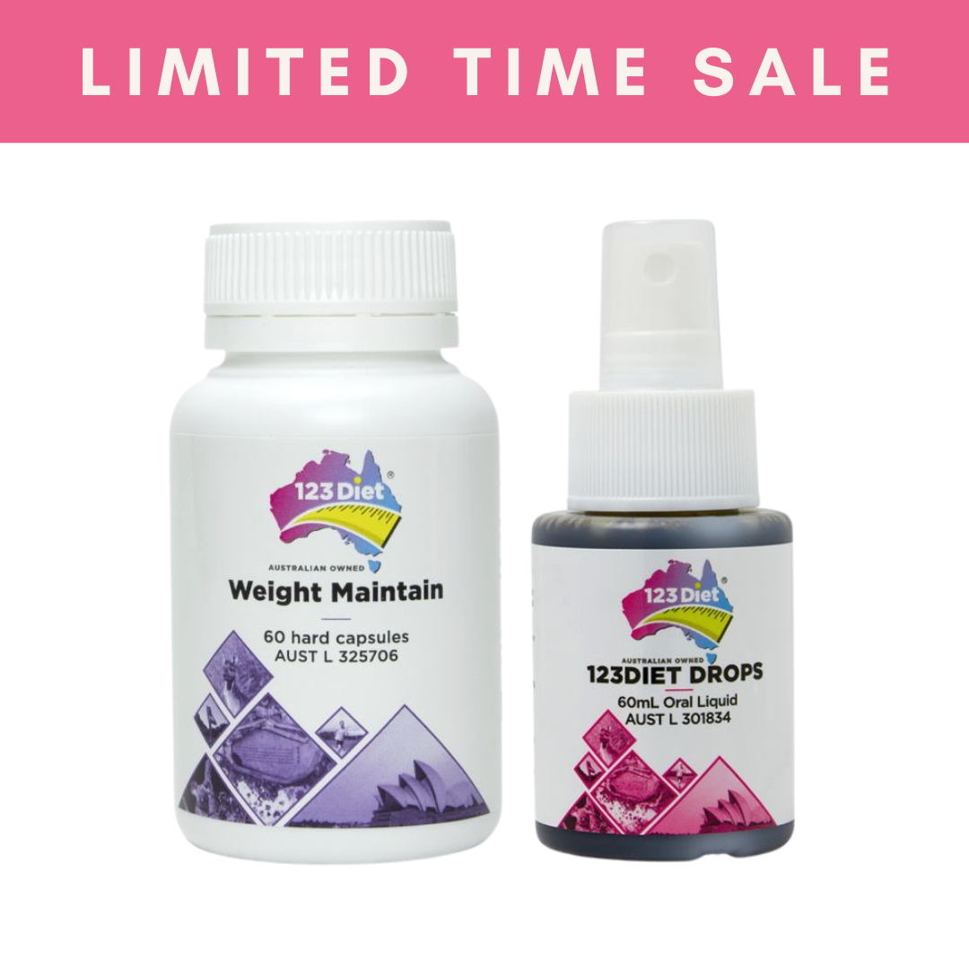 123 DIET® DROPS & MAINTAIN Bundle - 60mL drops and 60 capsules. Supports weight loss, gluten-free, vegan-friendly. Made in Australia. ARTG listed (AUST L 371892 & AUST L 325706).